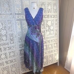 Vtg Purple Patchwork Asymmetrical Midi Dress Womens 6 Boho Y2K Romantic Wrap